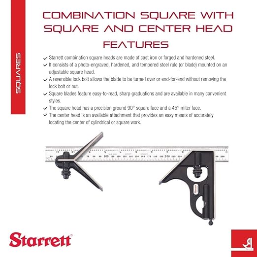 Starrett Steel Combination Square with Square Head and Center Heads - 300mm Blade Length, Forged and Hardened Steel Heads, Reversible Lock Bolt, 36 Graduation Type - C33MEHC-300