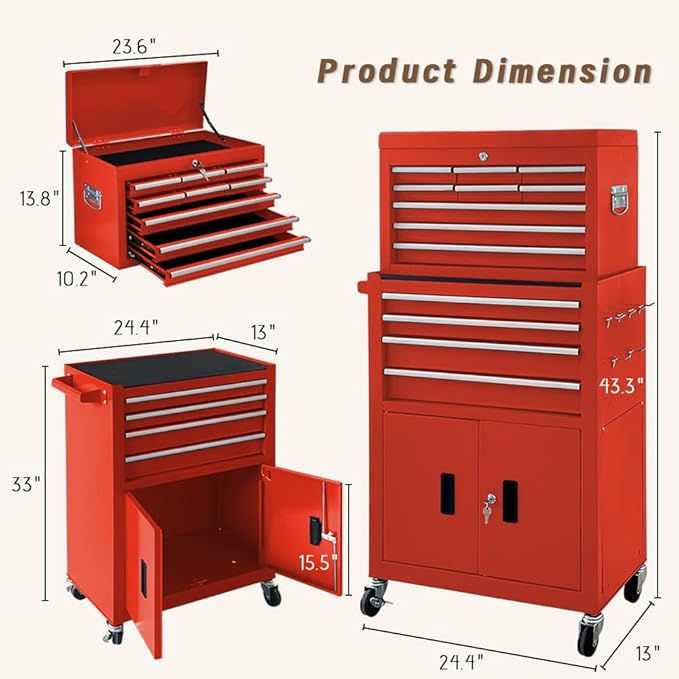 13-Drawer Double Doors Handle Rolling Tool Chest, 2 in 1 Detachable Rolling Tool Chests, Large Tool Boxes with Lock, Metal Standing Tool Cabinet for Garage Workshop(Red)