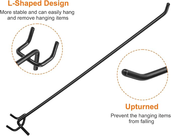 HARFINGTON 25pcs Pegboard Shelving Hooks 12" Stainless Steel Peg Board Display Hook Hanging Holders Wall Mount Organize Tools for Workbench Garage Kitchen Store, Black