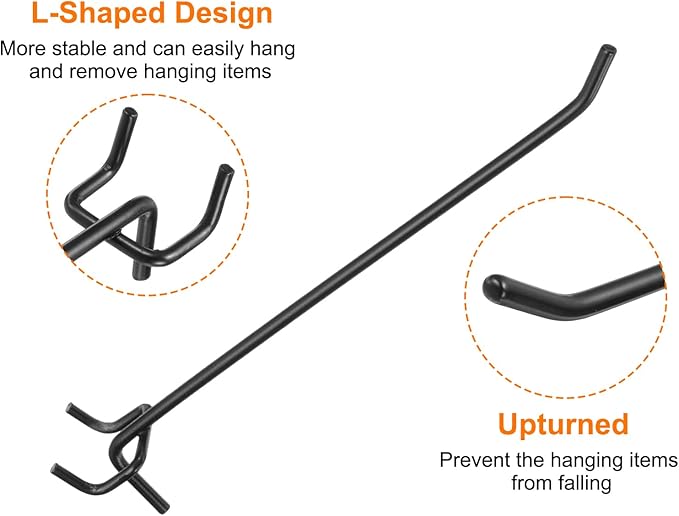 HARFINGTON 10pcs Pegboard Shelving Hooks 8" Stainless Steel Peg Board Display Hook Hanging Holders Wall Mount Organize Tools for Workbench Garage Kitchen Store, Black