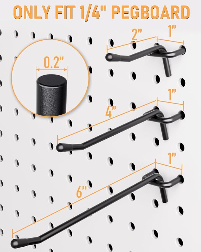 INCLY 60 Pack 2/4/6 Inch Black Pegboard Hooks, 1/4" Heavy Duty Peg Board Shelving Hooks Accessories, Peg Board Tool Hangers Fit for 1/4" Pegboard Hanging Tools Garage, Craft Organizing, Kitchen, Store
