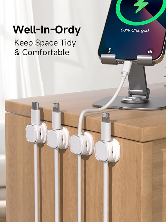 Magnetic Cable Clips, Adjustable Cord Holder Management, Adhesive Wire Keeper Organizer for Home Office Desk Phone PC Car Wall Desktop Nightstand Appliance (9-PCS White)