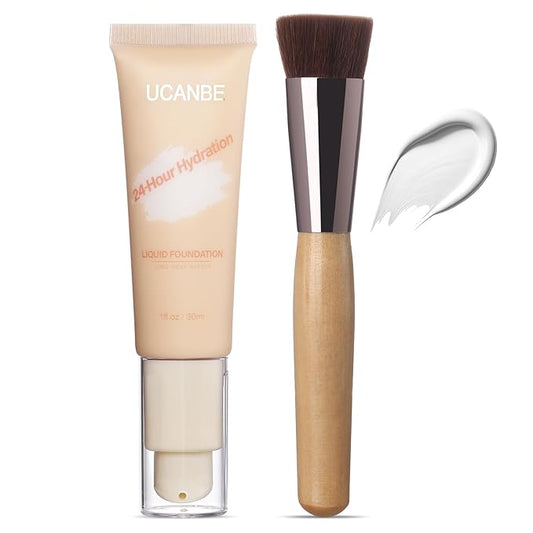 UCANBE White Liquid Foundation with Brush, Skincare Serum Foundation Face Makeup with Hyaluronic Acid, Medium to Medium to Full Coverage Waterproof Oil Control Longwear, for Mature Skin, 1 fl. oz.-VeraVaultWomen