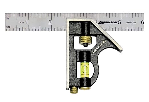 Swanson Tool Co TC130 6 inch Combo Square with Stainless Steel Rule, Cast Zinc Body with Bubble Vial, and Brass Bolt