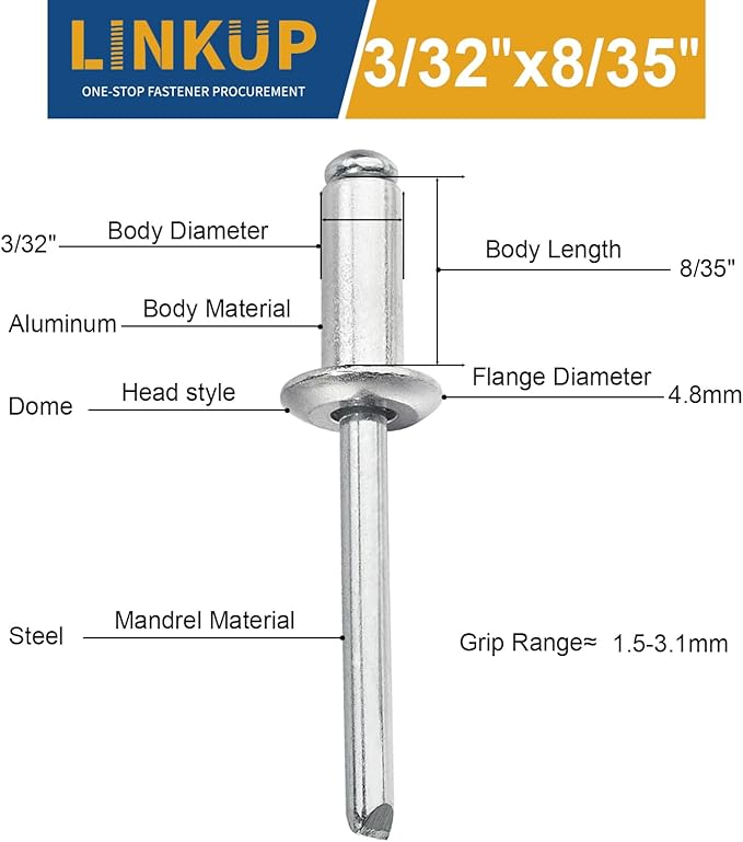 Linkup 600pcs pack 3/32" x 8/35" Pop blind Rivets, 2.4mm x 6mm pop rivets,Aluminum Body Steel Mandrel Rivets (Silver),Dome Head aluminum rivets
