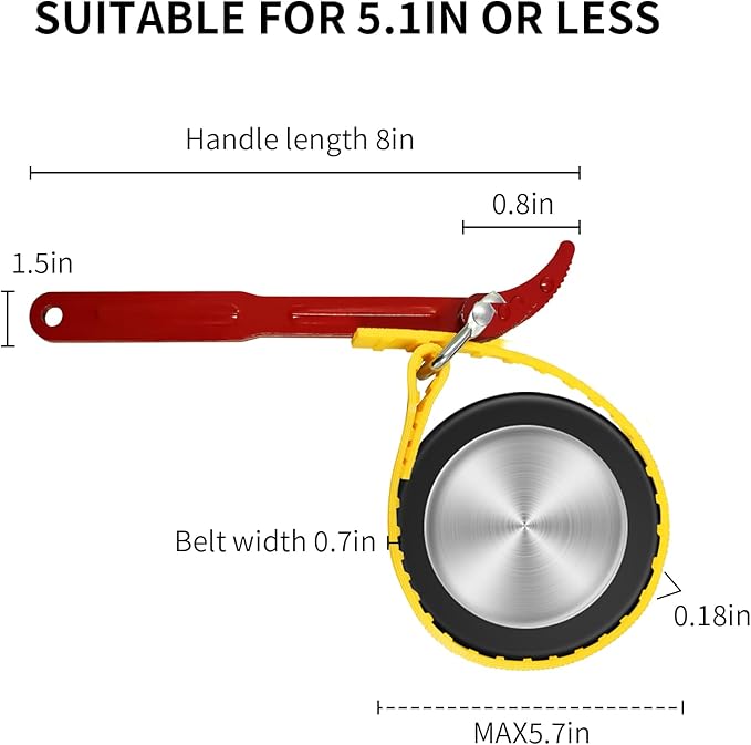 Strap Wrench Handle 8 Inches, Steel Handle Adjustable Strap Wrench for Replacing Water Filter, PVC Pipe Joints, Oil Filter, Swimming Pool Connection (Red Handle, Yellow Strap)