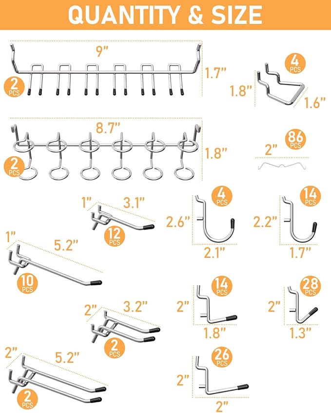INCLY 1/4" Pegboard Hooks Set for Hanging Tools, 206PCS Heavy Duty Peg Hook Hanger & Holder Only Fit 1/4 Inch Pegboard for Craft Assortment Garage Organizer Bins Attachment Peg Board Accessories
