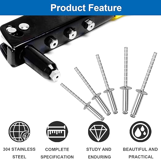 110pcs Steel Rivets 7-Sizes 304 Stainless Steel Rivets Assortment Kit 1/8",5/32",3/16" for Metal,Furniture,Automotive,Instruments