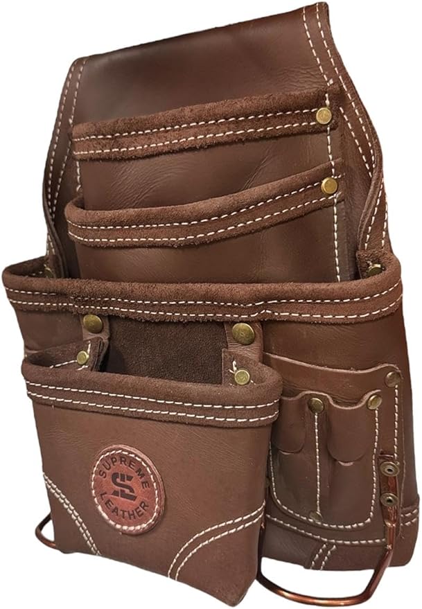 Supreme Leather Tool Pouch for Construction Carpenter Tool Bag Electrician's Pouch | 10 Pockets 2 Stainless Steel Hammer Holders Top Grain Leather Bag
