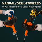 50 FT Drain Snake Hair Drain Clog Remover, Manual Or Powered, Plumbing Snake With Drill Adapte,Unclog Sink Drain Tool, Drain Auger for Toilet、Shower、Kitchen、Sink, No Auto Retract Or Feed, Orange