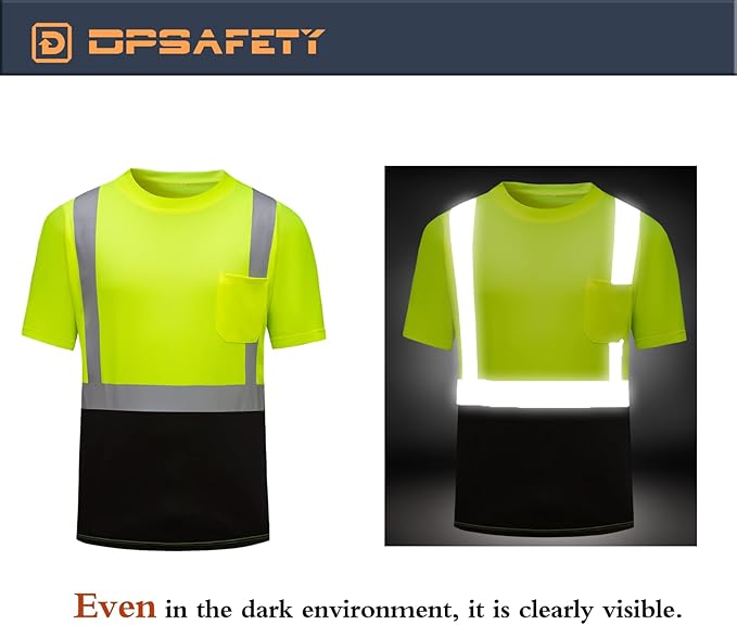 High Visibility Shirts Quick Dry Safety T Shirts with Reflective Strips and Pocket Short Sleeve Mesh Hi Vis Construction Work Class 2 Shirt for Men/Women Black Bottom Lime,2XL