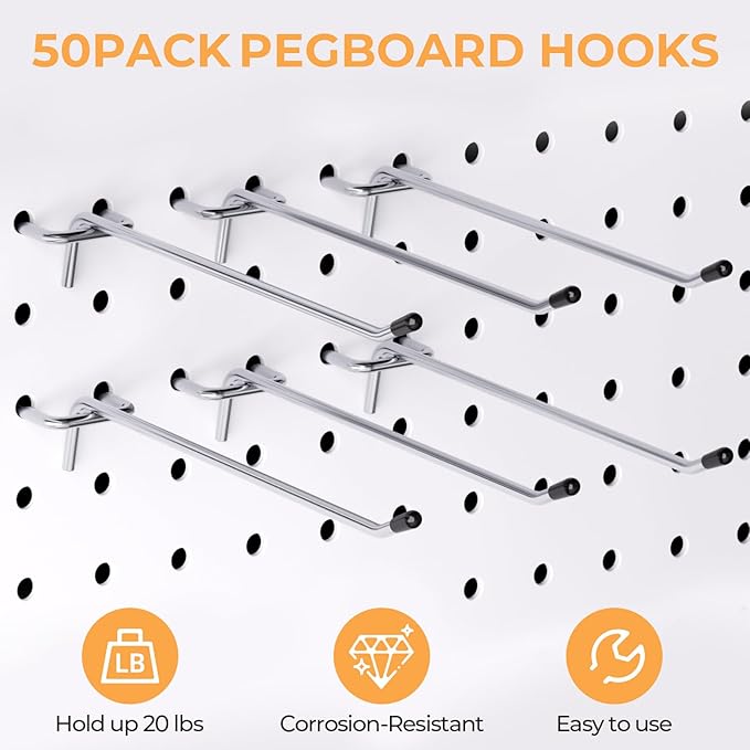INCLY 50 Pack Pegboard Hooks, 6 Inch Metal Peg Board Shelving Hooks Accessories, Peg Board Tool Hangers Fit for 1/8“ and 1/4" Pegboard Hanging Tools for Garage, Craft Room, Kitchen, Store