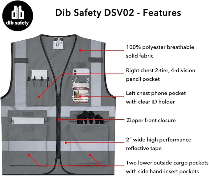 Dib Safety Reflective Vest High Visibility with Pockets and Zipper, Gray 3XL