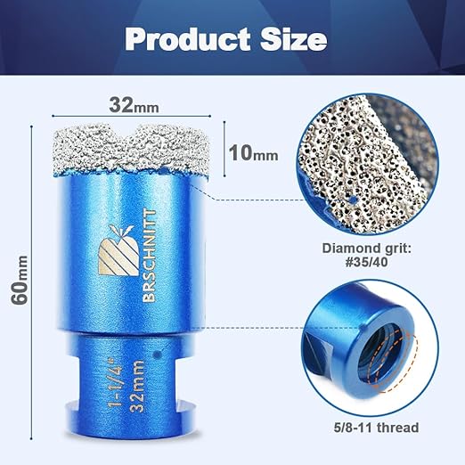 1-1/4 Inch Diamond Core Drill Bit for Porcelain Tile Ceramic Marble Granite Drilling,BRSCHNITT 1pc Vacuum Brazed Diamond Hole Saw with 5/8-11 Thread (32mm)