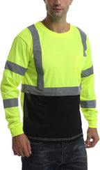 High Visibility Class 3 T Shirts，Hi Vis Safety Shirts with Reflective Strips and Pocket, Long Sleeve Quick Dry Mesh Construction Work Shirt for Men/Women Black Bottom Lime,3XL