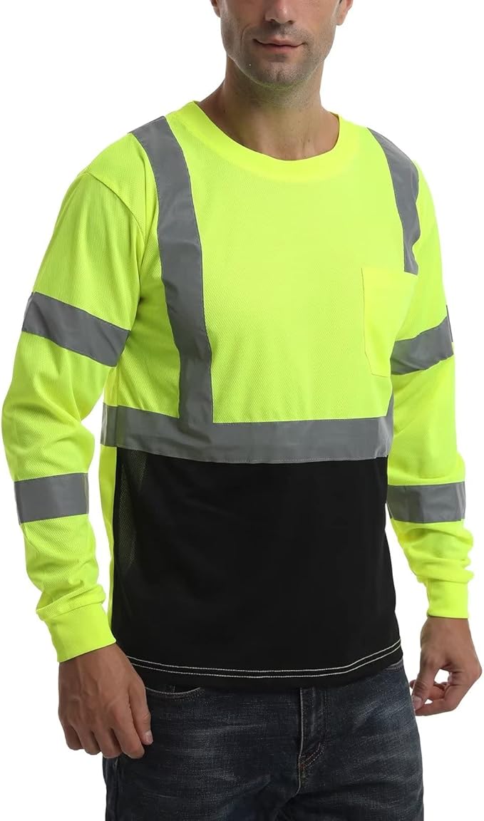 High Visibility Class 3 T Shirts，Hi Vis Safety Shirts with Reflective Strips and Pocket, Long Sleeve Quick Dry Mesh Construction Work Shirt for Men/Women Black Bottom Lime,Large