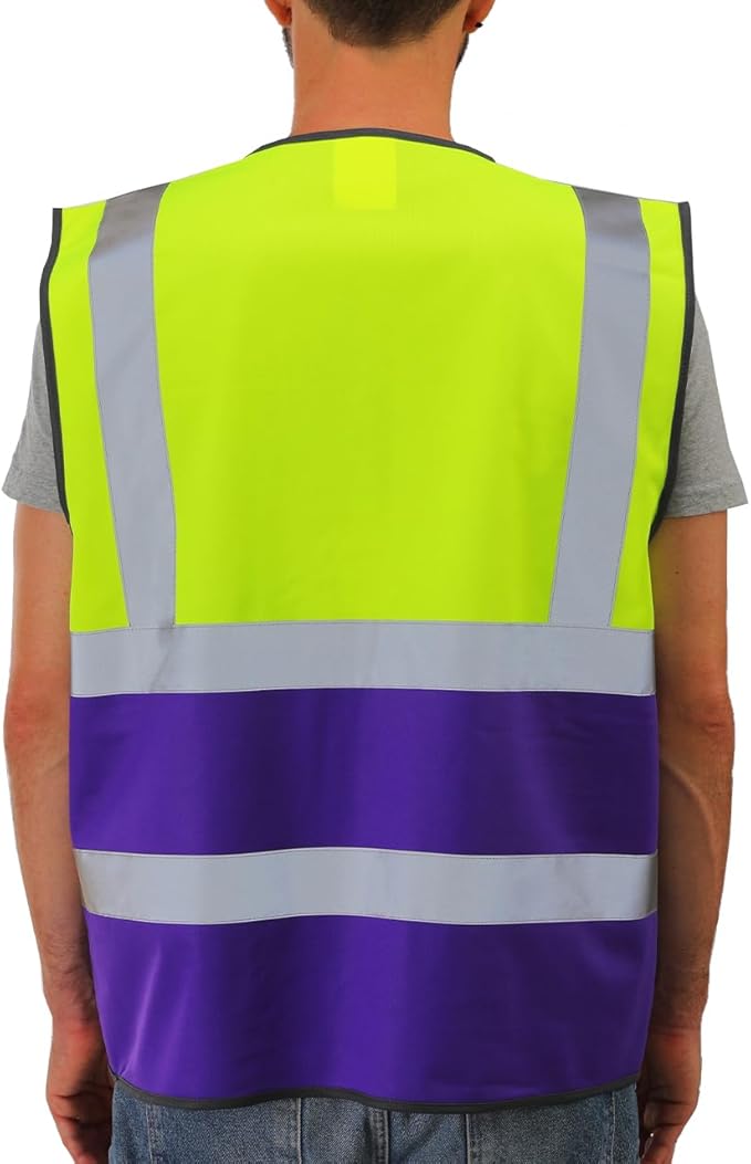 Dib Safety Reflective Vest High Visibility with Pockets and Zipper, Yellow and Purple L