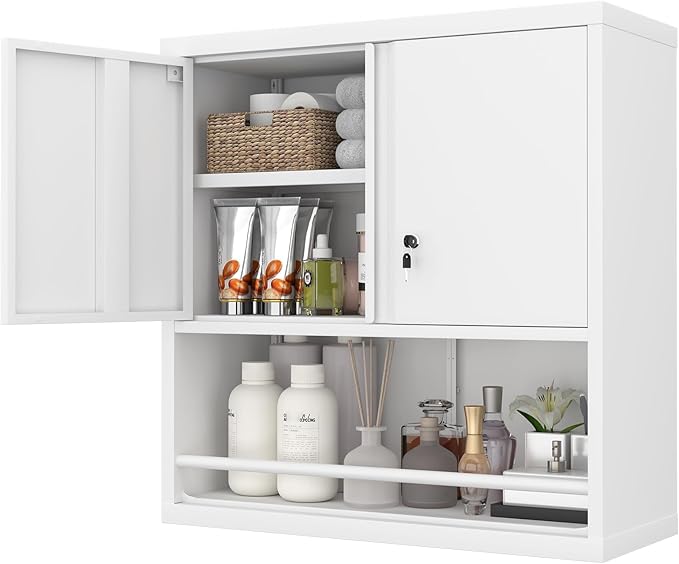 Metal White Cabinet Wall Mounted, Small Wall Storage Cabinets with 2 Door Adjustable Shelves, Bathroom Metal Wall Cabinet Over Toilet for Laundry Room Kitchen, Garage