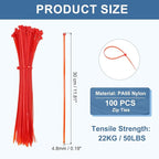 PATIKIL Cable Zip Ties 12 Inch, 100 Pcs Self-Locking Nylon Wire Tie Wraps Heavy Duty Cord Management with 50 lbs Tensile Strength for Indoor and Outdoor, Red (0.2" W)