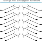 10 Pcs Pegboard Hooks, 6 Inch Peg Board Hooks, Pegboard Pegs Accessories with Rubber Tipped, Double Peg Hook Fit 1/4” Hole, Heavy Duty Tool Utility Hook for Hanging Tools, Bags and More