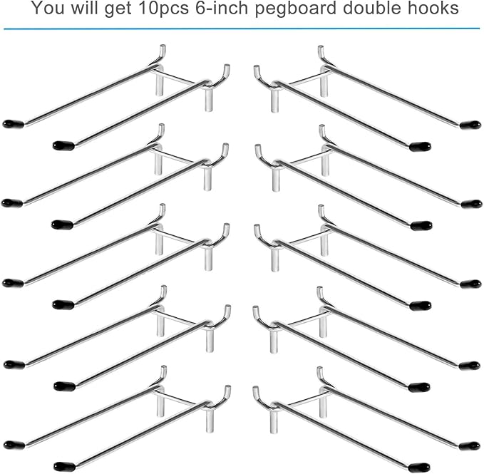 10 Pcs Pegboard Hooks, 6 Inch Peg Board Hooks, Pegboard Pegs Accessories with Rubber Tipped, Double Peg Hook Fit 1/4” Hole, Heavy Duty Tool Utility Hook for Hanging Tools, Bags and More