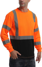 High Visibility Class 3 T Shirts，Hi Vis Safety Shirts with Reflective Strips and Pocket, Long Sleeve Quick Dry Mesh Construction Work Shirt for Men/Women Black Bottom Orange,Large