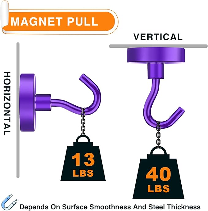 MIKEDE Magnetic Hooks, 40Lbs+ Heavy Duty Magnet Hooks for Cruise Cabins, Super Neodymium Hanging Hooks Strong Magnets with Hook for Fridge, Magnetic Hanger for Grill, Toolbox, Storage(Purple, 10 Pack)