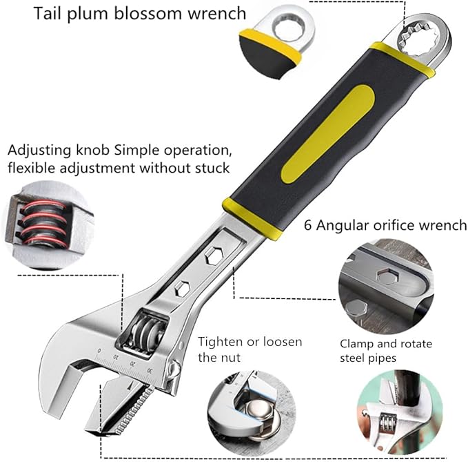 szhdxsy 12 inch pipe adjustable multifunctional wrench，3-in-1 Spanner with Box End/Hex Function， Adjustable Wrench，Portable labor-saving wrench, Movable Jaw,