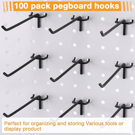 Shimeyao 100 Pcs Peg Board Shelving Hooks Stainless Steel Hanging Board Pegs Wall Display Hooks Bulk for 1/8 1/4 Garage Storage Organizer Accessories(6 Inch,Black)