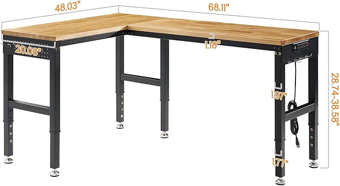 SPECRAFT 68"x48" L-Shaped Workbench with Power Strip, Adjustable Height Heavy Duty Work Table with Pegboard, 6000LBS Load Capacity, Industrial Wood Top Workstation for Garage, Workshop, Home Office