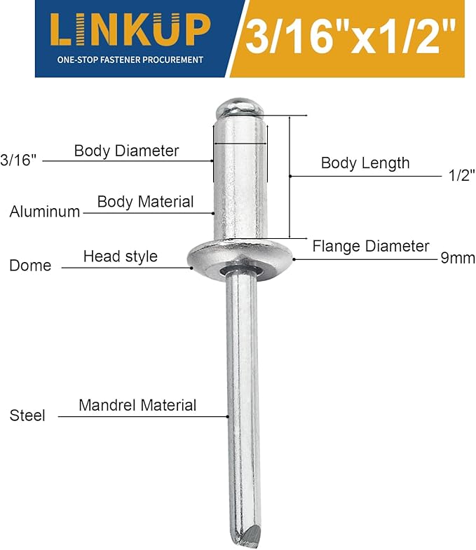 Linkup 140pcs pack 3/16" x 1/2" Pop blind Rivets, 4.8mm x 13mm pop rivets,Aluminum Body Steel Mandrel Rivets (Sliver),Dome Head aluminum rivets