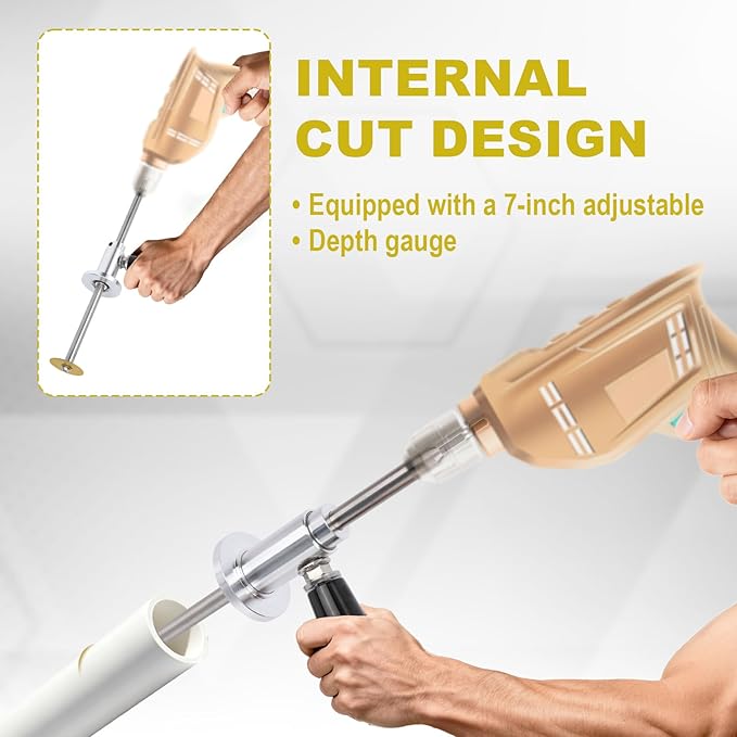 Inside PVC Pipe Cutter, Internal Cut Pipe Cutter Tool Set Adjustable 7in/17.78cm Cutting Depth Gauge Plumbing Tools for 1.5-8in/3.81-20.32cm Pipes Compatible with Drills & Impact Drivers