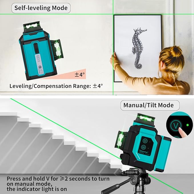 Takamine Laser Level 360 Self Leveling, 3x360° Cross Line Lazer Leveler Tool for Construction and Picture Hanging, 3D 12 Lines Green Laser Level with Rechargeable Lithium Battery, APP Control