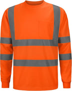 High Visibility Class 3 T Shirts，Hi Vis Safety Shirts with Reflective Strips and Pocket, Long Sleeve Quick Dry Mesh Construction Work Shirt for Men/Women Orange,Small