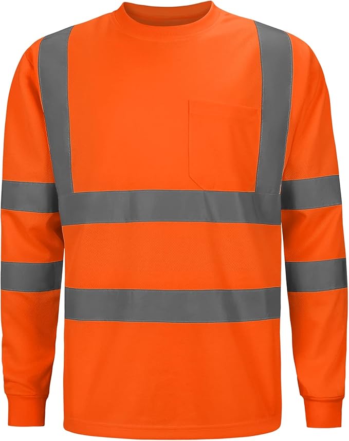 High Visibility Class 3 T Shirts，Hi Vis Safety Shirts with Reflective Strips and Pocket, Long Sleeve Quick Dry Mesh Construction Work Shirt for Men/Women Orange,Small