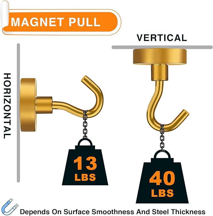 MIKEDE Magnetic Hooks Heavy Duty, 40 Lbs Magnet with Hooks for Cruise Cabins, Strong Magnets Neodymium for Hanging, Magnetic Wall Hooks for Refrigerator, Locker, Workplace(Yellow, 10 Pack)