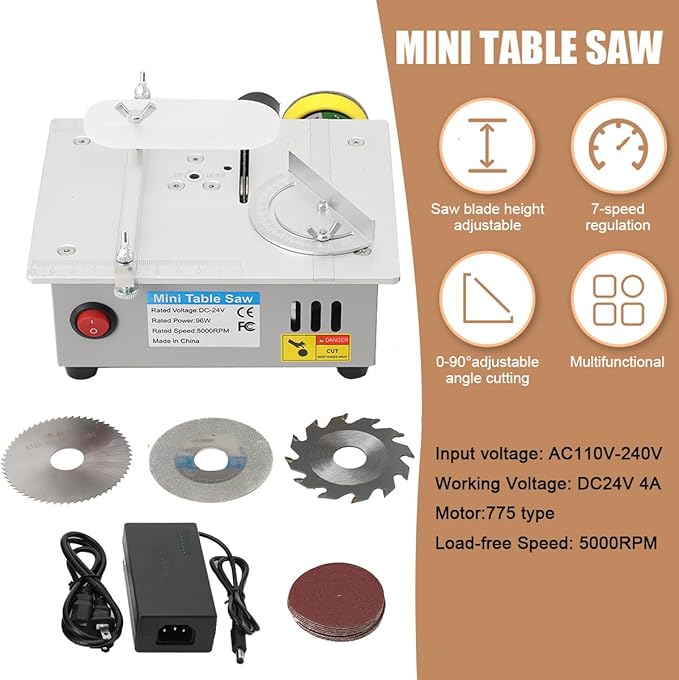 Multi-Functional Mini Table Saw for Crafts, Portable Desktop Electric Saw – Speed & Angle Adjustable for Wood/PCB/Acrylic/Plastic Cutting, 96W