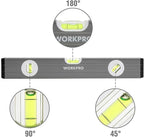 WORKPRO Torpedo Level, 3-Piece Spirit Level Set, 9"(Magnetic), 16"(Non-magnetic), 24"(Non-magnetic), Bubbles Measuring, Clear, Green.