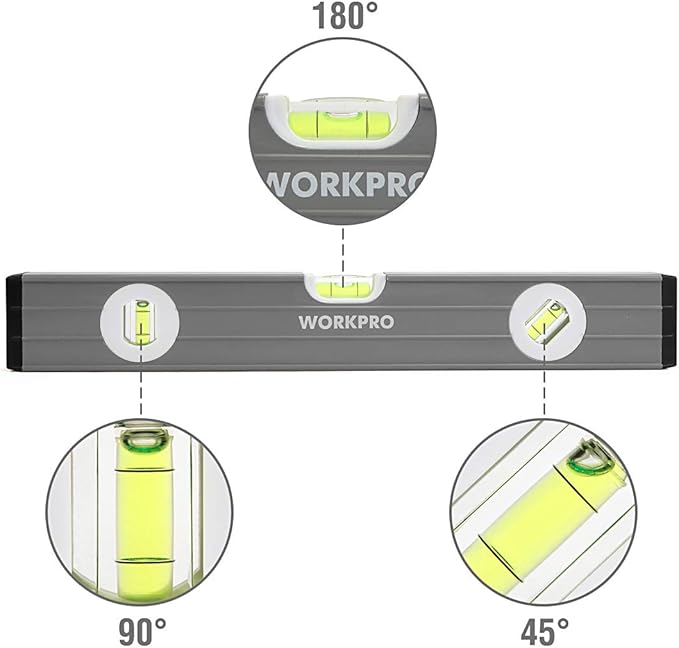 WORKPRO Torpedo Level, 3-Piece Spirit Level Set, 9"(Magnetic), 16"(Non-magnetic), 24"(Non-magnetic), Bubbles Measuring, Clear, Green.