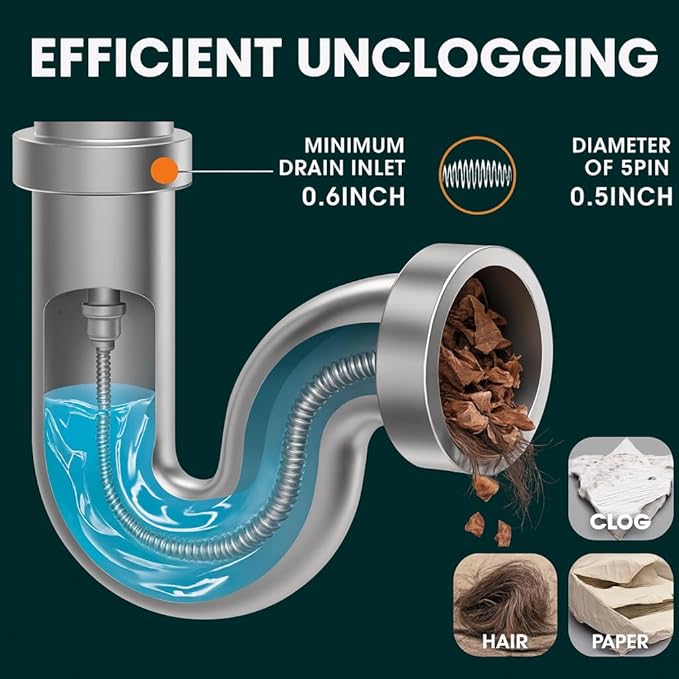 Musbus 25 FT Drain Snake Hair Drain Clog Remover, Plumbing Clogged Cleaner Tools for Toilet/Shower Sink/Bathtub, Gunk Removal Auger Declogger, Bathroom Unclog Plumbers Tool, Bath Tub Unclogger Snakes