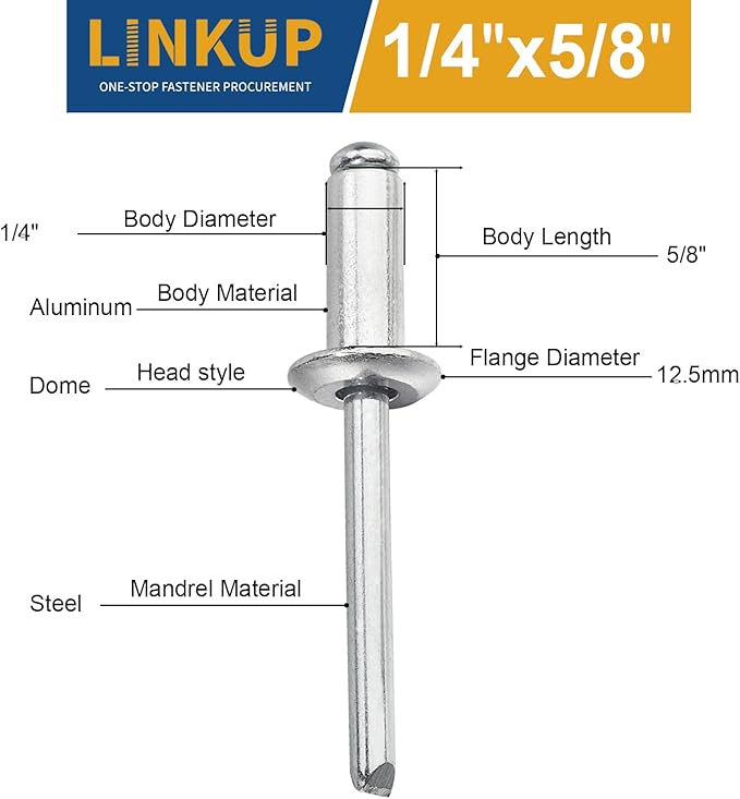 Linkup 60pcs pack 1/4" x 5/8" Pop blind Rivets, 6.4mm x 16mm pop rivets,Aluminum Body Steel Mandrel Rivets (Sliver),Dome Head aluminum rivets