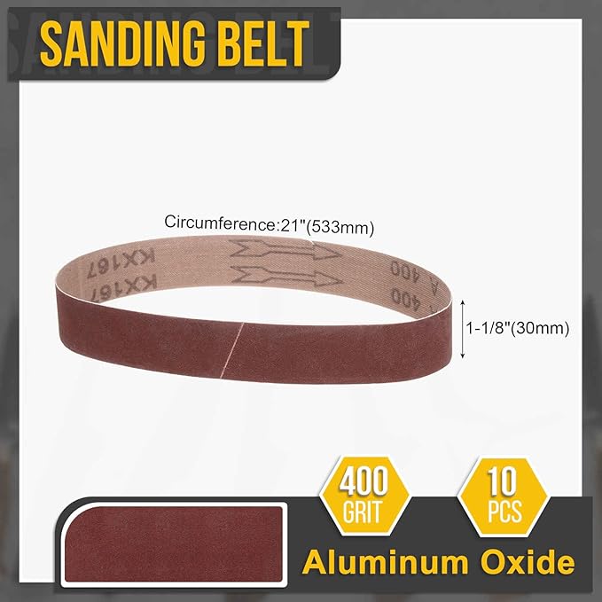 1-1/8 x 21 Inch Sanding Belt, 10 Pcs 400 Grit Aluminum Oxide Knife Sharpener Belts Work Sharpening for Belt Sander Knife Carving Tool Metal Working
