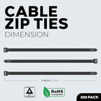 BEST CONNECTIONS Black Cable Zip Ties 11 Inch Multi-Purpose Self-Locking Nylon Wire Ties with 50 Lbs Tensile Strength Cable Management Ties for Outdoor & Indoor - 200 Pack