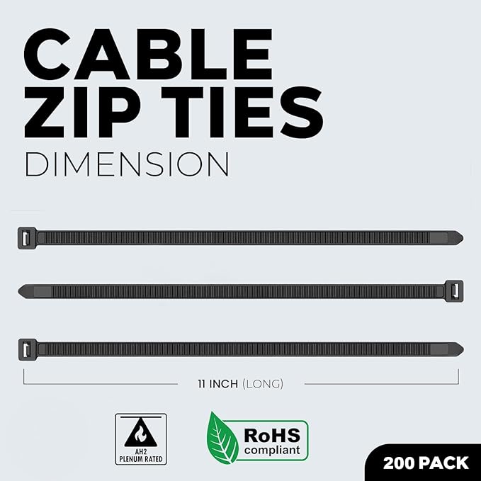 BEST CONNECTIONS Black Cable Zip Ties 11 Inch Multi-Purpose Self-Locking Nylon Wire Ties with 50 Lbs Tensile Strength Cable Management Ties for Outdoor & Indoor - 200 Pack