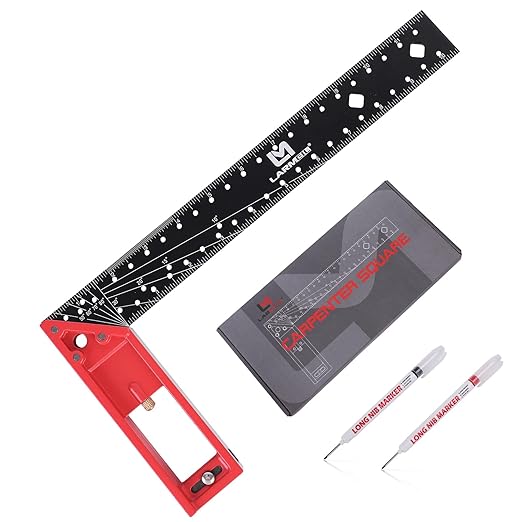 12 Inch Framing Carpenter Square, Woodworking Square Ruler, Try Square Tool, L Square Ruler, Layout Tool, Right Angle Ruler with Retractable Ledge and Scribe Mark Pin