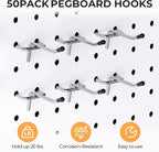 INCLY 50 Pack Pegboard Hooks, 2 Inch Metal Peg Board Hooks Accessories, Peg Board Tool Hangers Fit for 1/8“ and 1/4" Pegboard Hanging Tools for Garage, Craft Room, Kitchen, Store