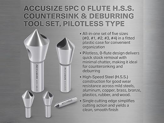 Accusize Industrial Tools 5 pc 60 Deg 0-Flute HSS Countersink & Deburring Tool Set, Pilotless Type, 0206-0460
