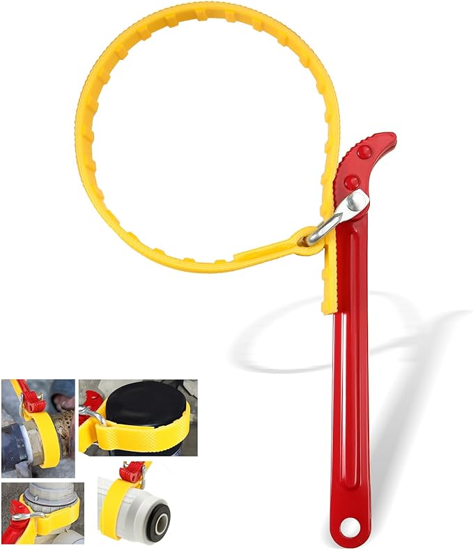 Belt Strap Wrench 8 Inches, Multifunctional Steel Handle Adjustable Strap Wrench for Replacing Water Filter, PVC Pipe Joints, Oil Filter, Swimming Pool Connection (Red Handle, Yellow Strap)