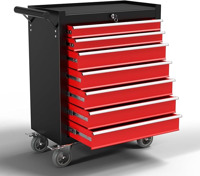 7-Drawer Metal Rolling Tool Chest with Wheels,Tool Storage Cabinet with Locking System，Toolbox with Wheels for Garage, Warehouse, Workshop, Repair Shop (Black&red, 7-Drawer)