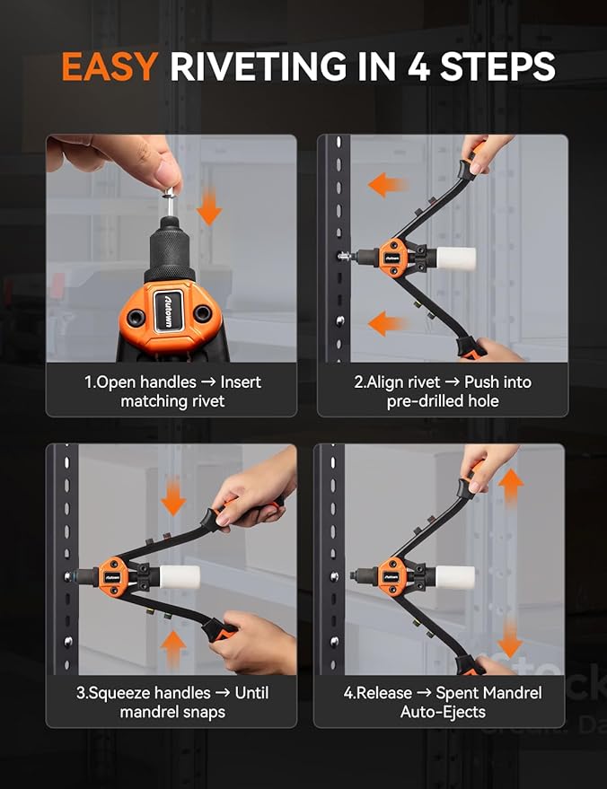 Professional Rivet Gun Kit with 5 Drill Bits & Magnetic Wristband - Heavy Duty Two-Handed Riveter for Metal, Gutter, Automotive - Includes 210 Assorted Rivets